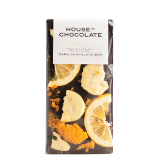 Freeze Dried Mandarin, Feijoa, and Lemon Dark Chocolate Bar